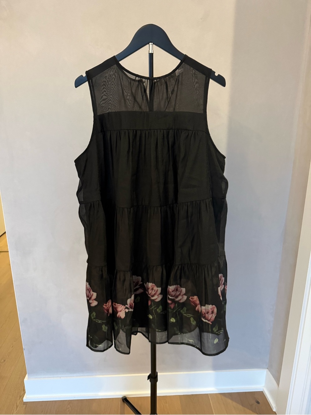 Mint Velvet - Black Floral Tiered Mini Dress with Sheer Yoke and Rose Border